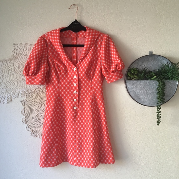 Vintage Dresses & Skirts - Vintage red checked gingham sailor button dress
